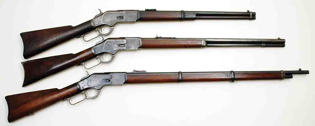 During the late 1800s, Winchester offered three versions of its Model 1873 lever actions in standard production. From top: saddle ring carbine, rifle and musket. Musket versions in all models were rare.